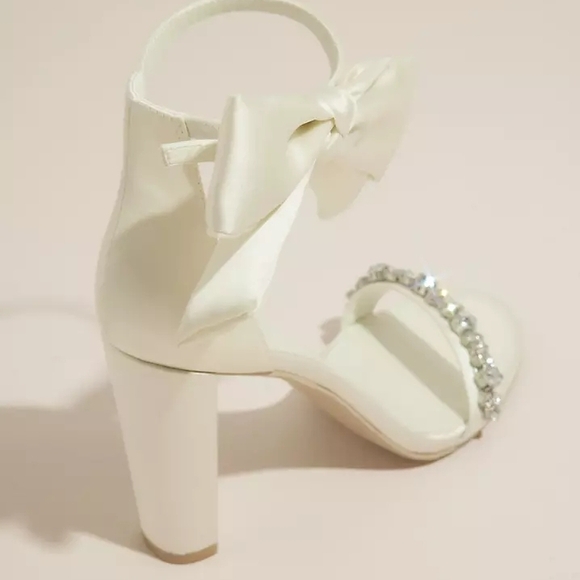 Oleg Cassini Cream Satin Bow Block Heel Sandals with Crystal Strap - Picture 4 of 8